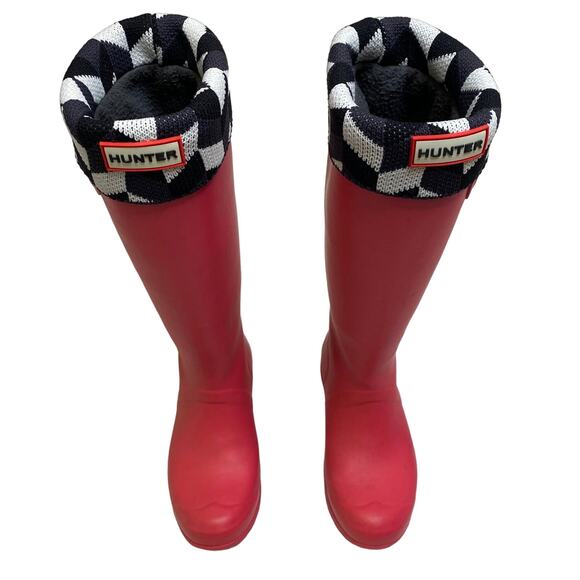 Hunter Boots Pink Waterproof Wellingtons Black & White Knit Cuff EUC Sz 6 - Picture 3 of 11